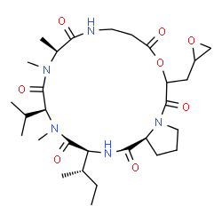 ChemSpider 2D Image | (3S,6S,9S,21aS)-3-[(2S)-2-Butanyl]-6-isopropyl-5,8,9-trimethyl-16-(2-oxiranylmethyl)dodecahydropyrrolo[1,2-d][1,4,7,10,13,16]oxapentaazacyclononadecine-1,4,7,10,14,17(11H,16H)-hexone | C29H47N5O8