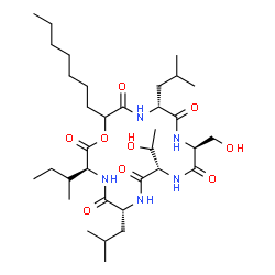 ChemSpider 2D Image | (3S,6R,9S,12S,15R)-3-[(2R)-2-Butanyl]-18-heptyl-9-[(1S)-1-hydroxyethyl]-12-(hydroxymethyl)-6,15-diisobutyl-1-oxa-4,7,10,13,16-pentaazacyclooctadecane-2,5,8,11,14,17-hexone | C34H61N5O9