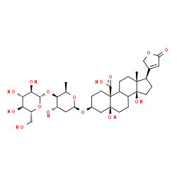ChemSpider 2D Image | (3beta,5beta,8xi,9xi)-3-{[2,6-Dideoxy-4-O-(beta-D-glucopyranosyl)-beta-D-xylo-hexopyranosyl]oxy}-5,14,19-trihydroxy-19-oxocard-20(22)-enolide | C35H52O15