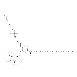 ChemSpider 2D Image | (2R)-N-[(2S,3R,4E,7E)-1-(beta-D-Glucopyranosyloxy)-3,9-dihydroxy-9-methyl-4,7-octadecadien-2-yl]-2-hydroxyoctadecanamide | C43H81NO10