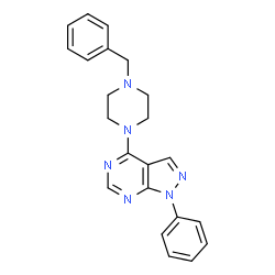 ChemSpider 2D Image | 4-(4-Benzyl-1-piperazinyl)-1-phenyl-1H-pyrazolo[3,4-d]pyrimidine | C22H22N6