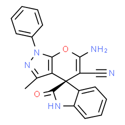 ChemSpider 2D Image | (3S)-6'-Amino-3'-methyl-2-oxo-1'-phenyl-1,2-dihydro-1'H-spiro[indole-3,4'-pyrano[2,3-c]pyrazole]-5'-carbonitrile | C21H15N5O2