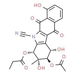 ChemSpider 2D Image | (1S,2R,3R,4R)-2-Acetoxy-5-cyano-1,3,7-trihydroxy-3-methyl-6,11-dioxo-2,3,4,5,6,11-hexahydro-1H-benzo[b]carbazol-4-yl propionate | C23H20N2O9