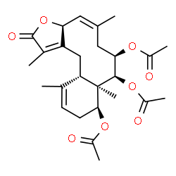 ChemSpider 2D Image | (3aS,4Z,7R,8S,8aR,9S,12aS)-1,5,8a,12-Tetramethyl-2-oxo-2,3a,6,7,8,8a,9,10,12a,13-decahydrobenzo[4,5]cyclodeca[1,2-b]furan-7,8,9-triyl triacetate | C26H34O8