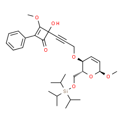 ChemSpider 2D Image | Methyl 2,3-dideoxy-4-O-[3-(1-hydroxy-2-methoxy-4-oxo-3-phenyl-2-cyclobuten-1-yl)-2-propyn-1-yl]-6-O-(triisopropylsilyl)-alpha-D-erythro-hex-2-enopyranoside | C30H42O7Si