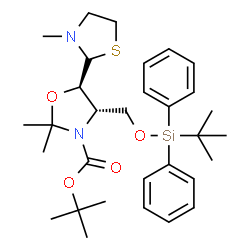 ChemSpider 2D Image | 2-Methyl-2-propanyl (4S,5R)-2,2-dimethyl-4-({[(2-methyl-2-propanyl)(diphenyl)silyl]oxy}methyl)-5-[(2R)-3-methyl-1,3-thiazolidin-2-yl]-1,3-oxazolidine-3-carboxylate | C31H46N2O4SSi