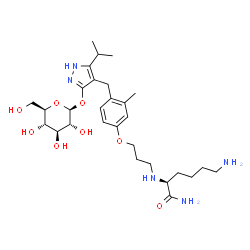 ChemSpider 2D Image | (2S)-6-Amino-2-[(3-{4-[(5-isopropyl-3-{[(2S,3R,4S,5S,6R)-3,4,5-trihydroxy-6-(hydroxymethyl)tetrahydro-2H-pyran-2-yl]oxy}-1H-pyrazol-4-yl)methyl]-3-methylphenoxy}propyl)amino]hexanamide (non-preferred 
name) | C29H47N5O8