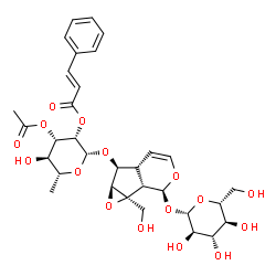 ChemSpider 2D Image | (1aS,1bS,2S,5aR,6S,6aS)-6-({3-O-Acetyl-6-deoxy-2-O-[(2E)-3-phenyl-2-propenoyl]-beta-D-mannopyranosyl}oxy)-1a-(hydroxymethyl)-1a,1b,2,5a,6,6a-hexahydrooxireno[4,5]cyclopenta[1,2-c]pyran-2-yl beta-D-glu
copyranoside | C32H40O16