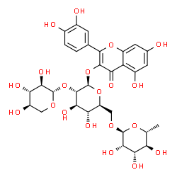 ChemSpider 2D Image | 2-(3,4-Dihydroxyphenyl)-5,7-dihydroxy-4-oxo-4H-chromen-3-yl 6-deoxy-alpha-D-mannopyranosyl-(1->6)-[beta-D-xylopyranosyl-(1->2)]-beta-L-glucopyranoside | C32H38O20