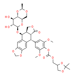 ChemSpider 2D Image | (2,2-Dimethyl-1,3-dioxolan-4-yl)methyl 4-[(5R,5aR,8aR,9S)-9-({4,6-O-[(1S)-ethylidene]-beta-D-glucopyranosyl}oxy)-6-oxo-5,5a,6,8,8a,9-hexahydrofuro[3',4':6,7]naphtho[2,3-d][1,3]dioxol-5-yl]-2,6-dimetho
xyphenyl carbonate | C36H42O17