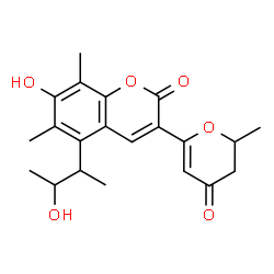 ChemSpider 2D Image | 7-Hydroxy-5-(3-hydroxy-2-butanyl)-6,8-dimethyl-3-(2-methyl-4-oxo-3,4-dihydro-2H-pyran-6-yl)-2H-chromen-2-one | C21H24O6