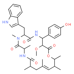 ChemSpider 2D Image | (15E)-4-(4-Hydroxyphenyl)-7-(1H-indol-3-ylmethyl)-3-methoxy-8,10,13,15,17,18-hexamethyl-1-oxa-5,8,11-triazacyclooctadec-15-ene-2,6,9,12-tetrone | C36H46N4O7