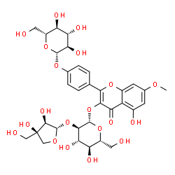 ChemSpider 2D Image | 2-[4-(beta-D-Glucopyranosyloxy)phenyl]-5-hydroxy-7-methoxy-4-oxo-4H-chromen-3-yl 2-O-[(2S,3R,4R)-3,4-dihydroxy-4-(hydroxymethyl)tetrahydro-2-furanyl]-beta-D-glucopyranoside | C33H40O20