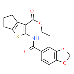 ChemSpider 2D Image | Ethyl 2-[(1,3-benzodioxol-5-ylcarbonyl)amino]-5,6-dihydro-4H-cyclopenta[b]thiophene-3-carboxylate | C18H17NO5S