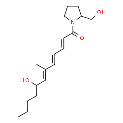 ChemSpider 2D Image | (2E,4E,6E)-8-Hydroxy-1-[2-(hydroxymethyl)-1-pyrrolidinyl]-6-methyl-2,4,6-dodecatrien-1-one | C18H29NO3