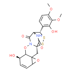 ChemSpider 2D Image | (1R,8R,13S,14S)-8-Hydroxy-14-(2-hydroxy-3,4-dimethoxyphenyl)-4,10-dioxa-15,16-dithia-11,18-diazapentacyclo[11.3.2.0~1,11~.0~3,5~.0~3,9~]octadec-6-ene-12,17-dione | C20H20N2O8S2