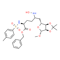 ChemSpider 2D Image | Benzyl 5-(hydroxyamino)-6-[(3aR,4R,6R,6aR)-6-methoxy-2,2-dimethyltetrahydrofuro[3,4-d][1,3]dioxol-4-yl]-N-[(4-methylphenyl)sulfonyl]-L-norleucinate | C28H38N2O9S