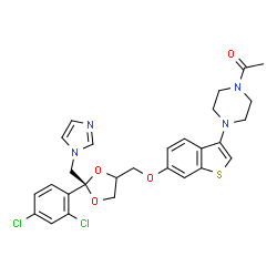 ChemSpider 2D Image | 1-[4-(6-{[(2R)-2-(2,4-Dichlorophenyl)-2-(1H-imidazol-1-ylmethyl)-1,3-dioxolan-4-yl]methoxy}-1-benzothiophen-3-yl)-1-piperazinyl]ethanone | C28H28Cl2N4O4S