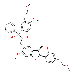 ChemSpider 2D Image | 6-Methoxy-5-(methoxymethoxy)-2-{[(6aS,11aS)-9-methoxy-3-(methoxymethoxy)-6a,11a-dihydro-6H-[1]benzofuro[3,2-c]chromen-8-yl]methyl}-3-phenyl-2,3-dihydro-1-benzofuran-3-ol | C36H36O10