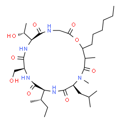 ChemSpider 2D Image | (6S,9S,12S,15S)-12-[(2S)-2-Butanyl]-19-hexyl-6-[(1R)-1-hydroxyethyl]-9-(hydroxymethyl)-15-isobutyl-16,18-dimethyl-1-oxa-4,7,10,13,16-pentaazacyclononadecane-2,5,8,11,14,17-hexone | C32H57N5O9