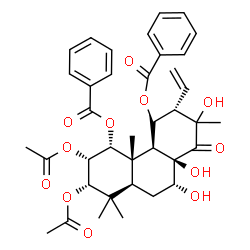 ChemSpider 2D Image | (1alpha,2alpha,3alpha,7alpha,12alpha)-2,3-Diacetoxy-7,8,13-trihydroxy-13-methyl-14-oxo-12-vinylpodocarpane-1,11-diyl dibenzoate | C38H44O12