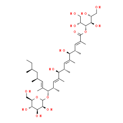 ChemSpider 2D Image | 3-O-[(2E,4S,5S,6E,8S,9S,10E,12S,13S,14E,16S,18S)-5,9-Dihydroxy-13-(D-mannopyranosyloxy)-2,4,6,8,10,12,14,16,18-nonamethyl-2,6,10,14-icosatetraenoyl]-D-mannitol | C41H72O15