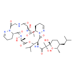 ChemSpider 2D Image | (2R)-N-[(4aR,7S,16aS,19R,22S,23S)-6,18-Dihydroxy-22-isopropyl-7-(methoxymethyl)-19-methyl-5,8,11,17,20,24-hexaoxo-3,4,4a,5,6,7,8,9,10,11,16,16a,17,18,19,20,23,24-octadecahydro-15H,22H-dipyridazino[6,1
-f:6',1'-o][1,4,7,10,13,16]oxapentaazacyclononadecin-23-yl]-2-hydroxy-2-[(2S,5S,6S)-2-hydroxy-5-isobutyl-6-methyltetrahydro-2H-pyran-2-yl]propanamide | C38H60N8O14