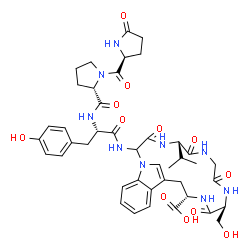 ChemSpider 2D Image | 5-Oxo-L-prolyl-L-prolyl-N-[(5S,11S,14S)-14-carboxy-11-(hydroxymethyl)-5-isopropyl-3,6,9,12-tetraoxo-1,4,7,10,13-pentaazatricyclo[14.6.1.0~17,22~]tricosa-16(23),17,19,21-tetraen-2-yl]-L-tyrosinamide | C42H51N9O12