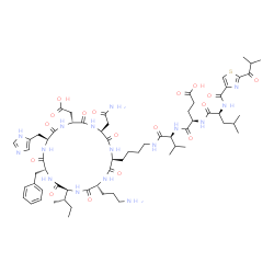 ChemSpider 2D Image | (4R)-5-[[(1S)-1-[4-[(2S,5R,8S,11R,14S,17R,20S)-20-(2-amino-2-oxo-ethyl)-5-(3-aminopropyl)-11-benzyl-17-(carboxymethyl)-14-(3H-imidazol-4-ylmethyl)-3,6,9,12,15,18,21-heptaoxo-8-sec-butyl-1,4,7,10,13,16,19-heptazacyclohenicos-2-yl]butylcarbamoyl]-2-methyl-propyl]amino]-4-[[(2S)-4-methyl-2-[[2-(2-methylpropanoyl)thiazole-4-carbonyl]amino]pentanoyl]amino]-5-oxo-pentanoic acid | C64H94N16O17S