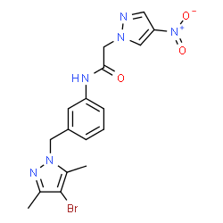 ChemSpider 2D Image | N-{3-[(4-Bromo-3,5-dimethyl-1H-pyrazol-1-yl)methyl]phenyl}-2-(4-nitro-1H-pyrazol-1-yl)acetamide | C17H17BrN6O3