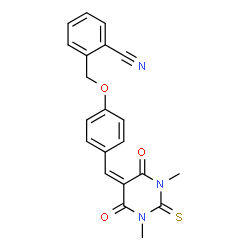 ChemSpider 2D Image | 2-({4-[(1,3-Dimethyl-4,6-dioxo-2-thioxotetrahydro-5(2H)-pyrimidinylidene)methyl]phenoxy}methyl)benzonitrile | C21H17N3O3S