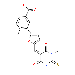 ChemSpider 2D Image | 3-{5-[(1,3-Dimethyl-4,6-dioxo-2-thioxotetrahydro-5(2H)-pyrimidinylidene)methyl]-2-furyl}-4-methylbenzoic acid | C19H16N2O5S
