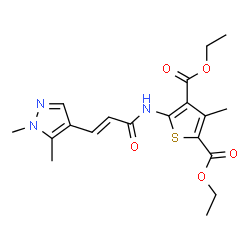 ChemSpider 2D Image | Diethyl 5-{[(2E)-3-(1,5-dimethyl-1H-pyrazol-4-yl)-2-propenoyl]amino}-3-methyl-2,4-thiophenedicarboxylate | C19H23N3O5S