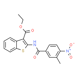ChemSpider 2D Image | Ethyl 2-[(3-methyl-4-nitrobenzoyl)amino]-1-benzothiophene-3-carboxylate | C19H16N2O5S