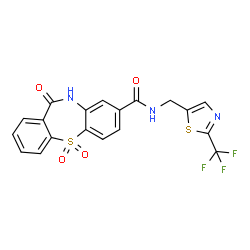 ChemSpider 2D Image | 11-Oxo-N-{[2-(trifluoromethyl)-1,3-thiazol-5-yl]methyl}-10,11-dihydrodibenzo[b,f][1,4]thiazepine-8-carboxamide 5,5-dioxide | C19H12F3N3O4S2