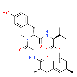 ChemSpider 2D Image | (3S,6R,12S,14E,16R,18S)-6-(4-Hydroxy-3-iodobenzyl)-3-isopropyl-7,12,14,16,18-pentamethyl-1-oxa-4,7,10-triazacyclooctadec-14-ene-2,5,8,11-tetrone | C29H42IN3O6