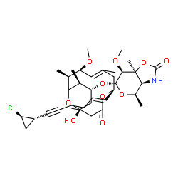 ChemSpider 2D Image | (3aS,4R,6S,7S,7aS)-6-{[(1R,5S,9S,10S,12S,13R)-5-{(1E,3E)-6-[(1S,2R)-2-Chlorocyclopropyl]-1,3-hexadien-5-yn-1-yl}-1-hydroxy-9-methoxy-7,10,12-trimethyl-3-oxo-4,15-dioxabicyclo[9.3.1]pentadec-7-en-13-yl
]oxy}-7-methoxy-4,7a-dimethyltetrahydro-4H-pyrano[3,4-d][1,3]oxazol-2(3H)-one | C35H48ClNO10