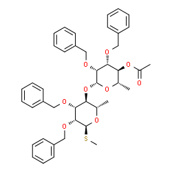 ChemSpider 2D Image | Methyl 4-O-(4-O-acetyl-2,3-di-O-benzyl-6-deoxy-beta-L-mannopyranosyl)-2,3-di-O-benzyl-6-deoxy-1-thio-alpha-L-mannopyranoside | C43H50O9S