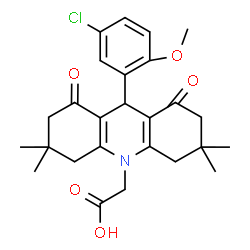 ChemSpider 2D Image | [9-(5-Chloro-2-methoxyphenyl)-3,3,6,6-tetramethyl-1,8-dioxo-2,3,4,5,6,7,8,9-octahydro-10(1H)-acridinyl]acetic acid | C26H30ClNO5