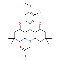 ChemSpider 2D Image | [9-(3-Chloro-4-methoxyphenyl)-3,3,6,6-tetramethyl-1,8-dioxo-2,3,4,5,6,7,8,9-octahydro-10(1H)-acridinyl]acetic acid | C26H30ClNO5