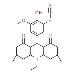ChemSpider 2D Image | 5-(10-Ethyl-3,3,6,6-tetramethyl-1,8-dioxo-1,2,3,4,5,6,7,8,9,10-decahydro-9-acridinyl)-2-hydroxy-3-methoxyphenyl thiocyanate | C27H32N2O4S