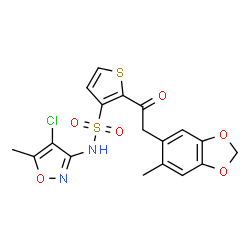 ChemSpider 2D Image | N-(4-Chloro-5-methyl-1,2-oxazol-3-yl)-2-[(6-methyl-1,3-benzodioxol-5-yl)acetyl]-3-thiophenesulfonamide | C18H15ClN2O6S2
