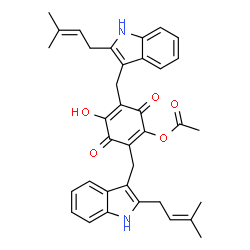 ChemSpider 2D Image | 4-Hydroxy-2,5-bis{[2-(3-methyl-2-buten-1-yl)-1H-indol-3-yl]methyl}-3,6-dioxo-1,4-cyclohexadien-1-yl acetate | C36H36N2O5