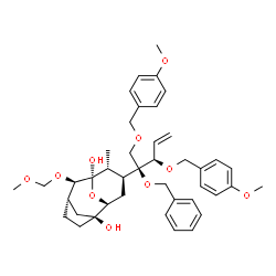 ChemSpider 2D Image | 2-O-Benzyl-4,5-dideoxy-2-C-[(1S,2S,5S,6R,7R,8R,9S)-2,7-dihydroxy-6-(methoxymethoxy)-8-methyl-11-oxatricyclo[5.3.1.1~2,5~]dodec-9-yl]-1,3-bis-O-(4-methoxybenzyl)-D-erythro-pent-4-enitol | C42H54O10