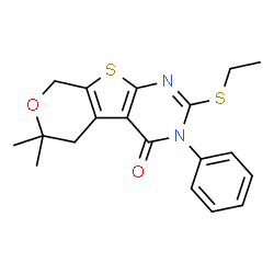 ChemSpider 2D Image | 2-(Ethylsulfanyl)-6,6-dimethyl-3-phenyl-3,5,6,8-tetrahydro-4H-pyrano[4',3':4,5]thieno[2,3-d]pyrimidin-4-one | C19H20N2O2S2