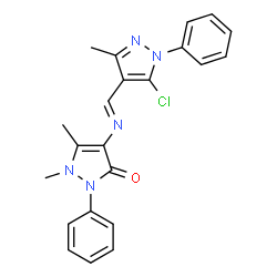 ChemSpider 2D Image | 4-{[(5-Chloro-3-methyl-1-phenyl-1H-pyrazol-4-yl)methylene]amino}-1,5-dimethyl-2-phenyl-1,2-dihydro-3H-pyrazol-3-one | C22H20ClN5O