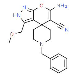ChemSpider 2D Image | 6'-Amino-1-benzyl-3'-(methoxymethyl)-2'H-spiro[piperidine-4,4'-pyrano[2,3-c]pyrazole]-5'-carbonitrile | C20H23N5O2