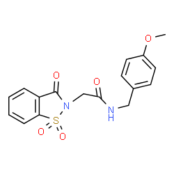 ChemSpider 2D Image | 2-(1,1-Dioxido-3-oxo-1,2-benzothiazol-2(3H)-yl)-N-(4-methoxybenzyl)acetamide | C17H16N2O5S