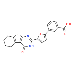 ChemSpider 2D Image | 3-[5-(4-Oxo-3,4,5,6,7,8-hexahydro[1]benzothieno[2,3-d]pyrimidin-2-yl)-2-furyl]benzoic acid | C21H16N2O4S