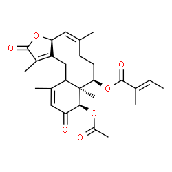 ChemSpider 2D Image | (3aS,4Z,8R,8aS,9R)-9-Acetoxy-1,5,8a,12-tetramethyl-2,10-dioxo-2,3a,6,7,8,8a,9,10,12a,13-decahydrobenzo[4,5]cyclodeca[1,2-b]furan-8-yl (2E)-2-methyl-2-butenoate | C27H34O7